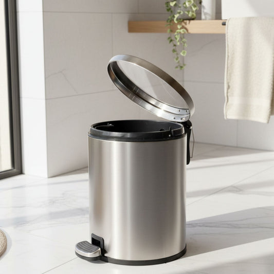 Baskora Silver Stainless Steel Pedal Dustbin - Round Step Trash Can