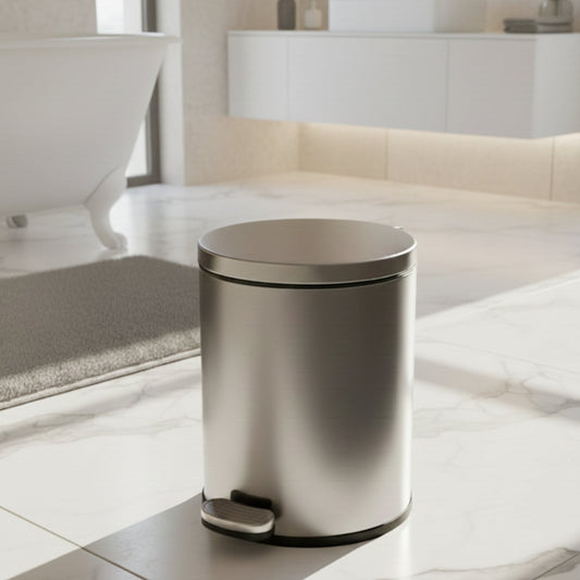 Baskora Silver Stainless Steel Pedal Dustbin - Round Step Trash Can