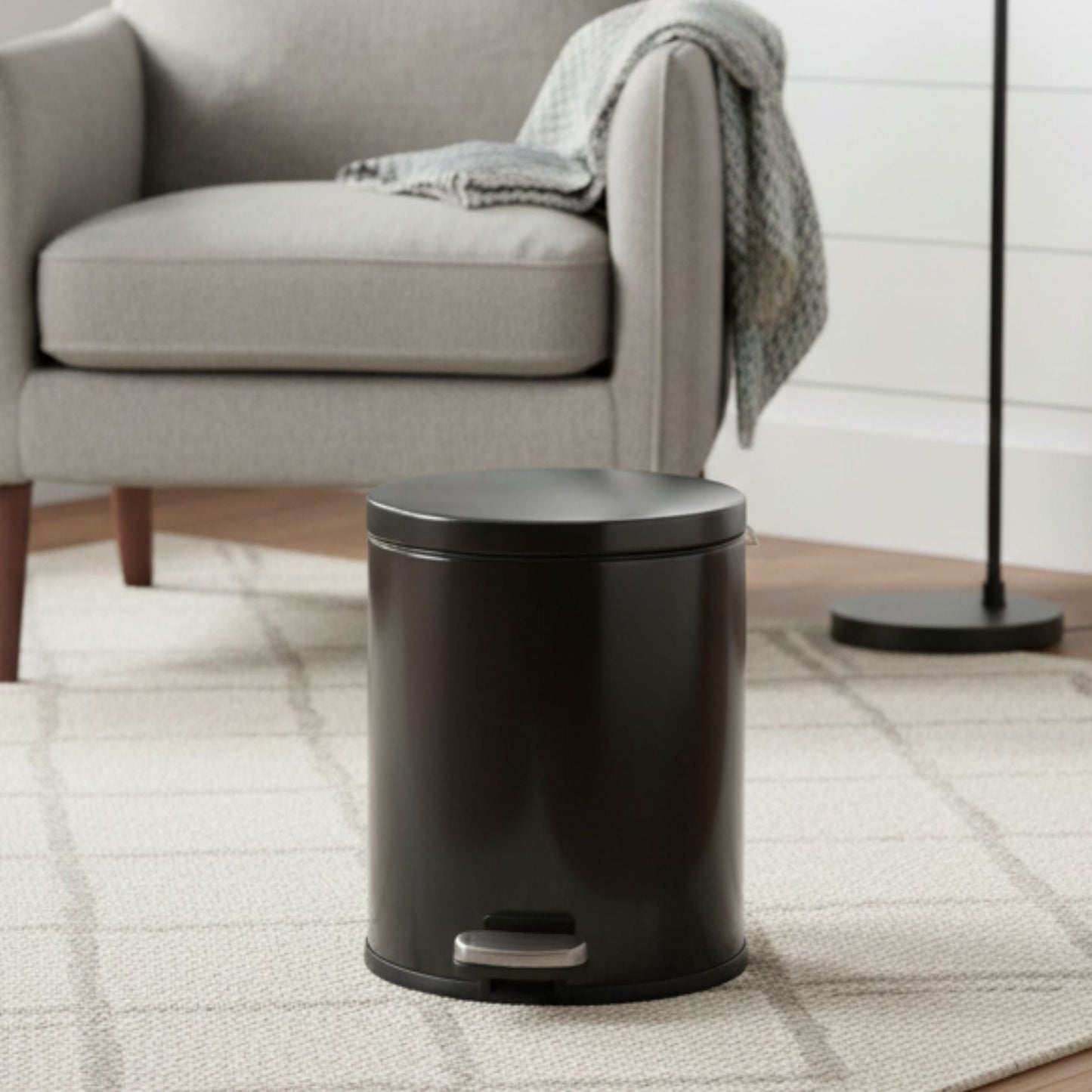Baskora Black Stainless Steel Pedal Dustbin - Round Step Trash Can