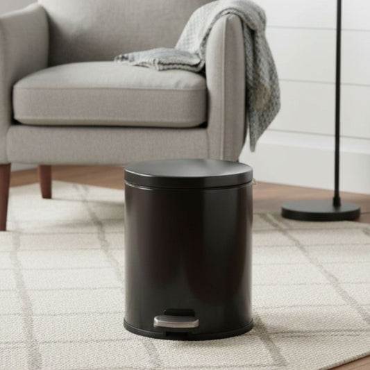 Baskora Black Stainless Steel Pedal Dustbin - Round Step Trash Can