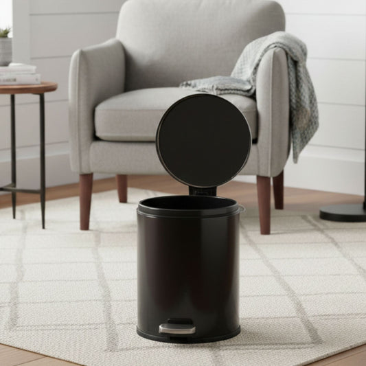 Baskora Black Stainless Steel Pedal Dustbin - Round Step Trash Can