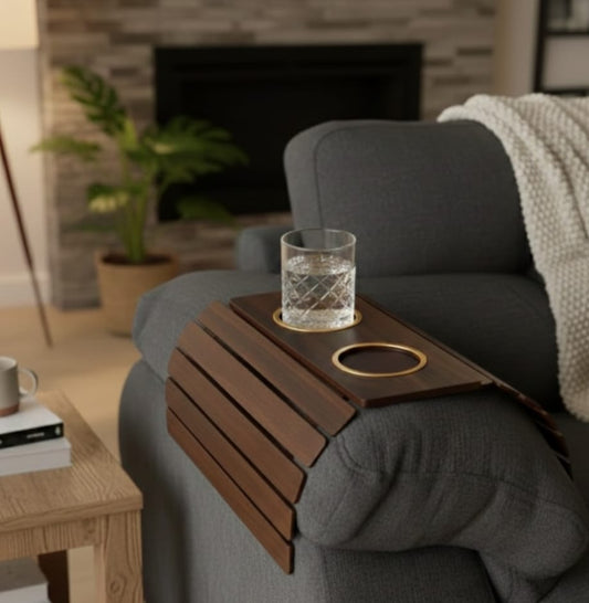 Baskora Contemporary Espresso Rigid Sofa Armrest Tray with Anti-Slip Center