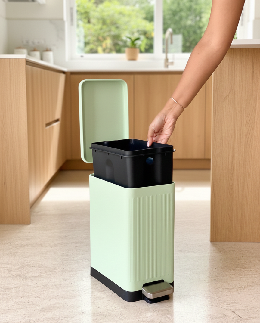 Baskora Modern Mint Green Rectangular Step Dustbin With Soft Close Lid