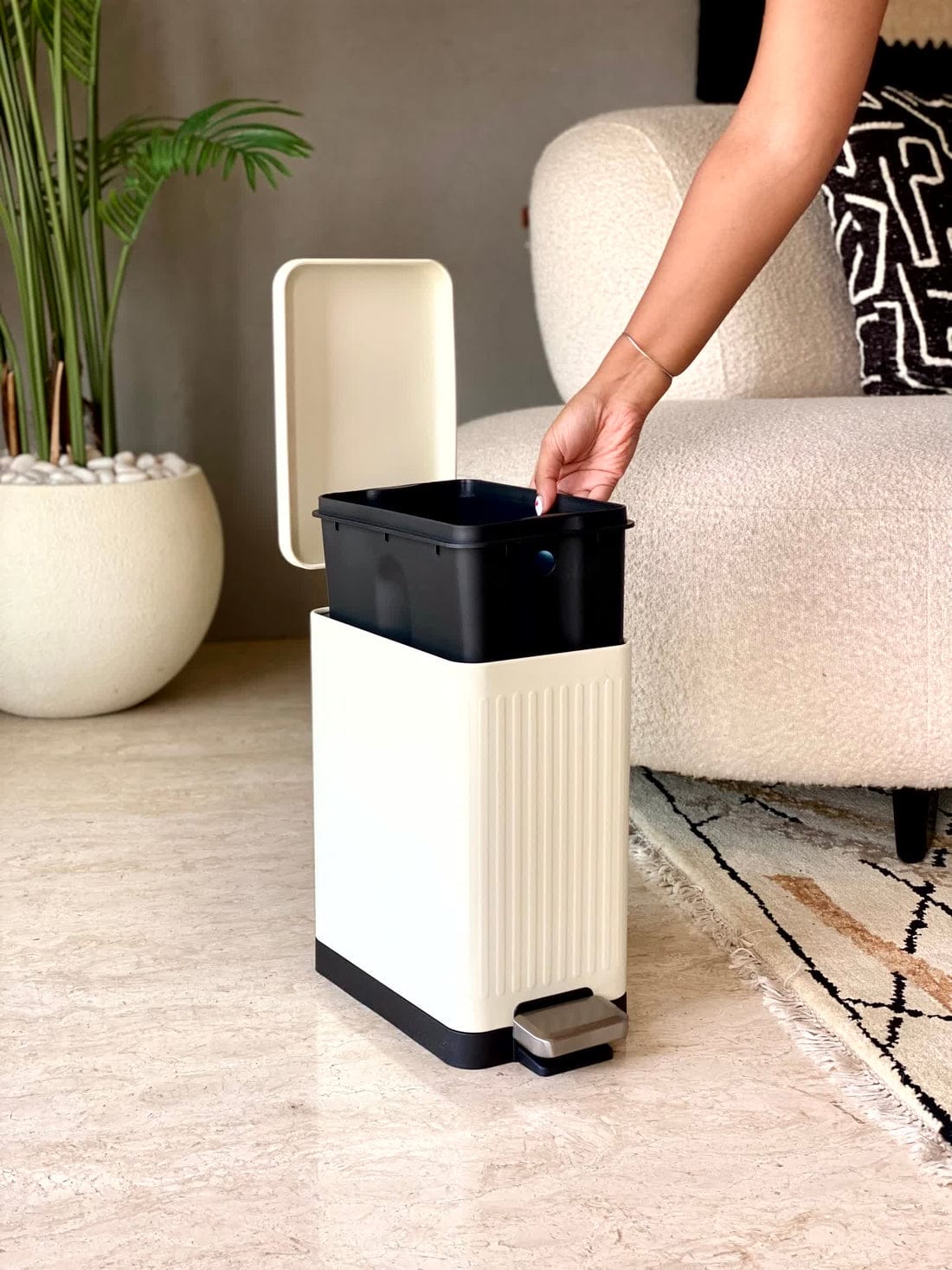Baskora Modern Off-White Rectangular Step Dustbin With Soft Close Lid
